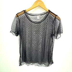 Victorias Secret Black Sheer Mesh Polka Dot Short Sleeve‎ Top Size M Whimsigoth
